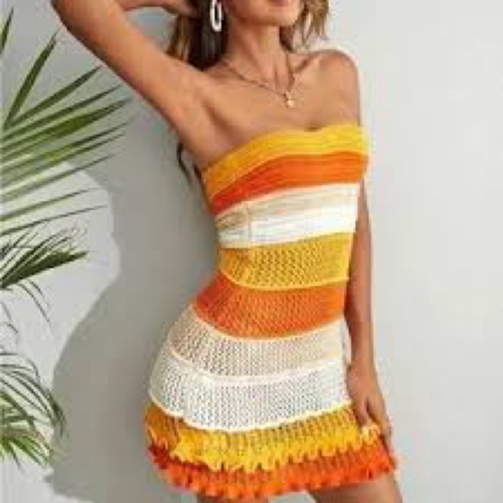 Crochet Orange and White Strapless Dress Coverup